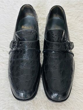 Bally Black Crocodile Leather Vintage Slip-On Monk Strap Loafers Size 8